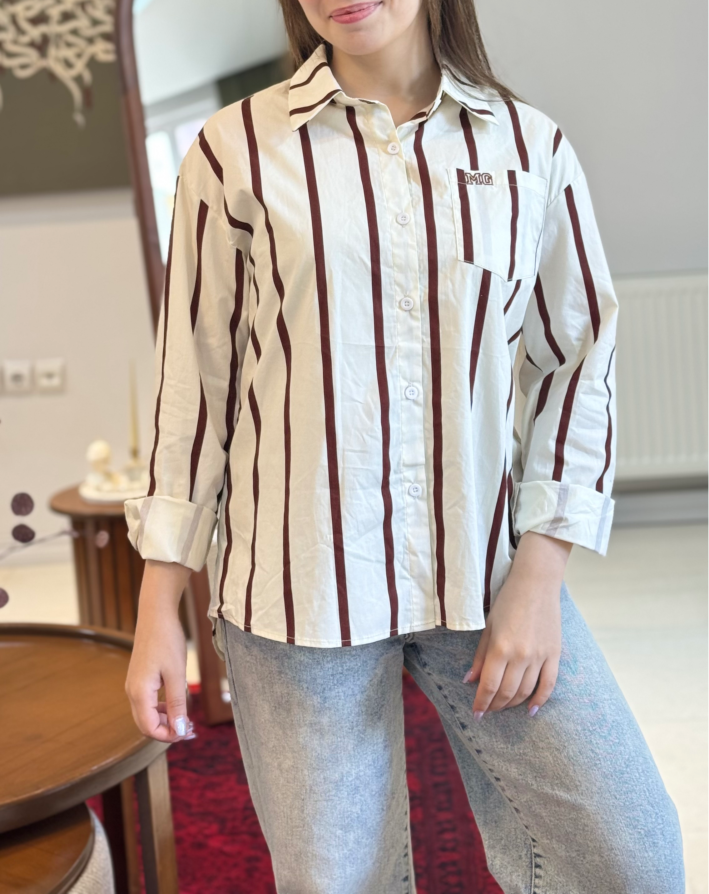 شومیز راه راه کتان مدل سانیا
